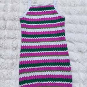 Rare Editions Big Girls Pink and Green Striped Crochet Knit Sleeveless Dress